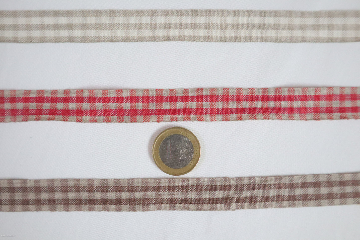 20mm Gingham check ribbon/ tape in 100% washed linen
