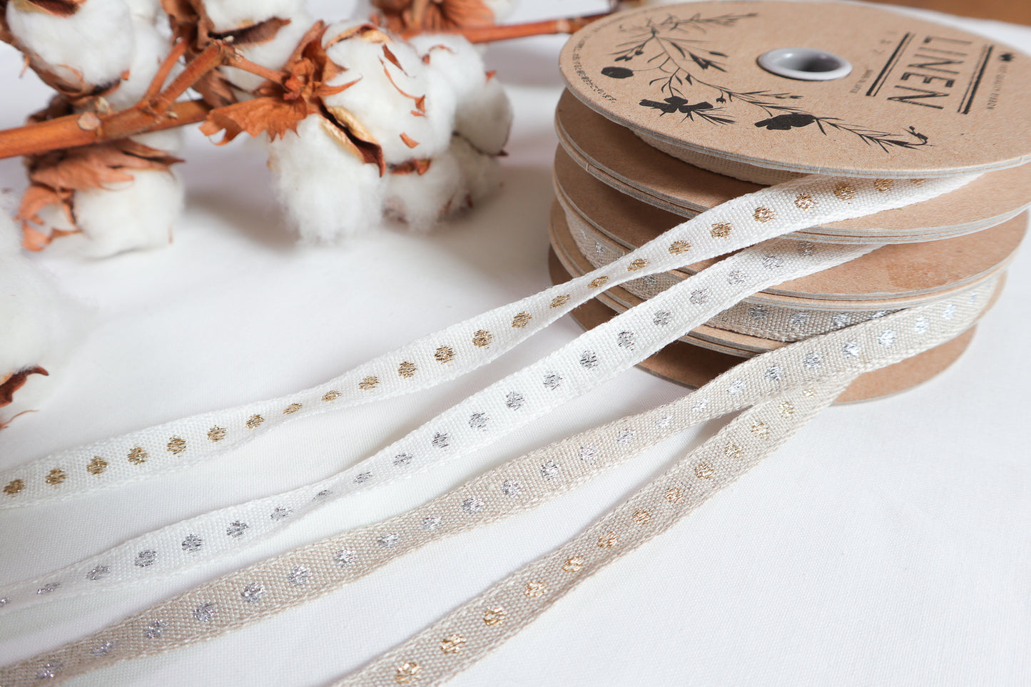 10mm metallic polka dots ribbon/ tape in washed linen